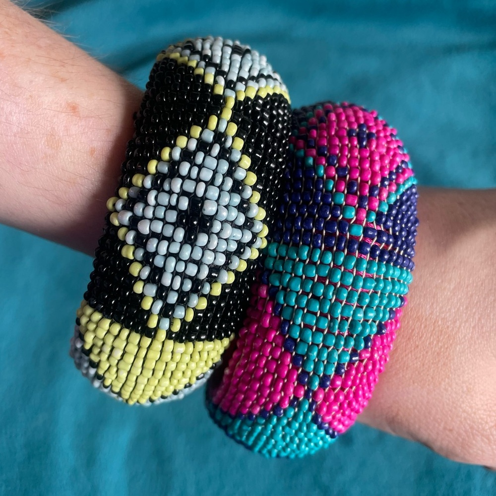 colorful chunky beaded bangle bracelet set geometric patterns